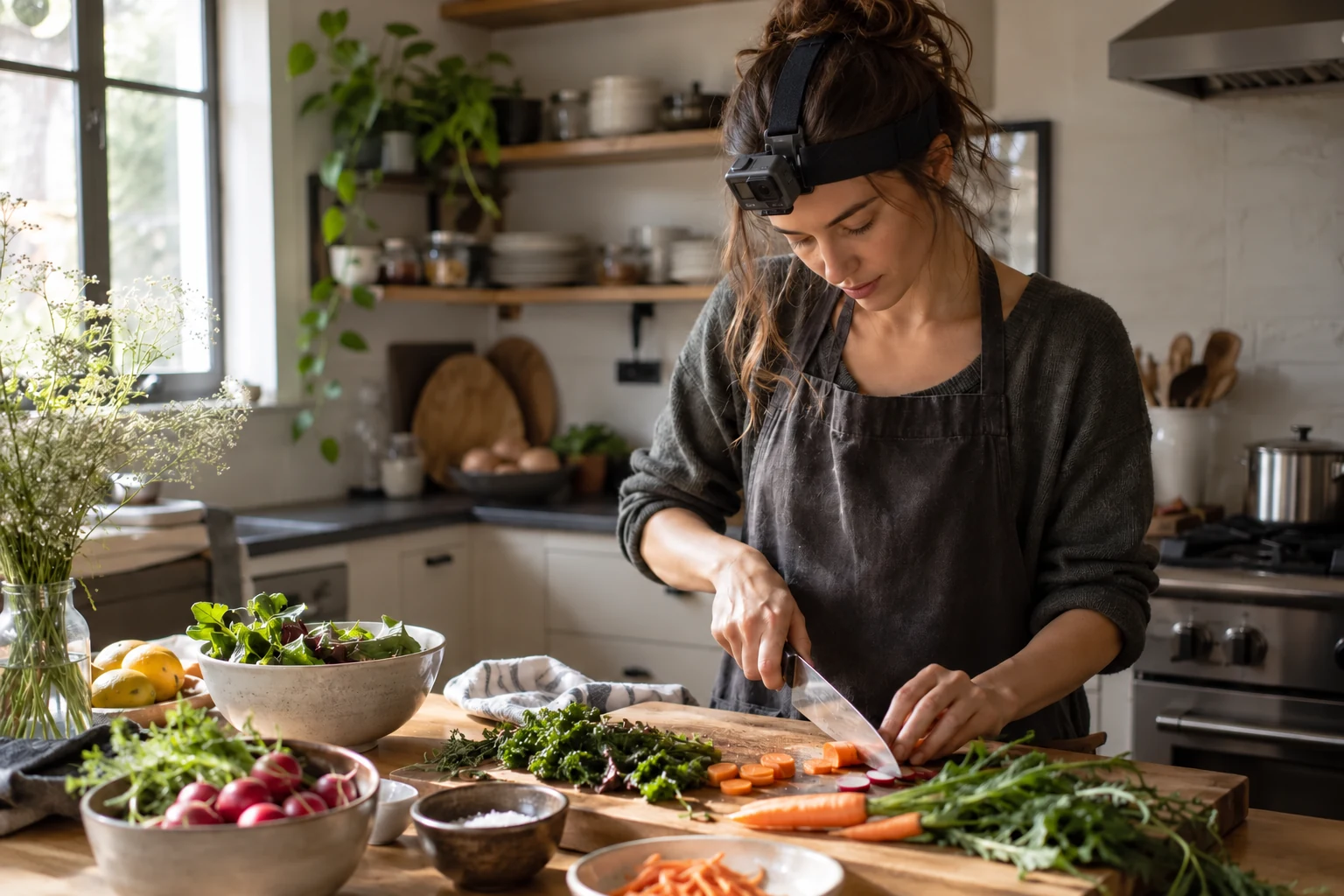 A cook recording food preparation with a head-mounted camera