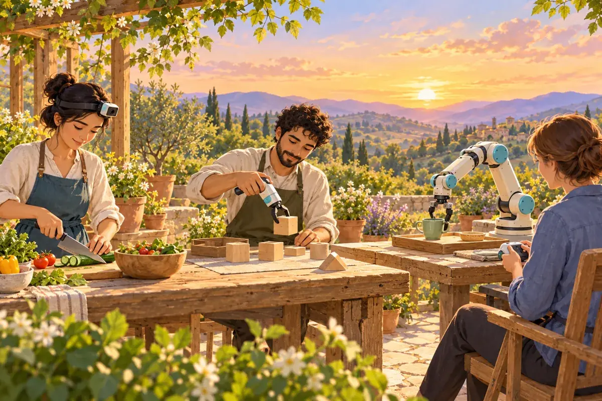 Painted scene of people demonstrating physical tasks at workbenches.