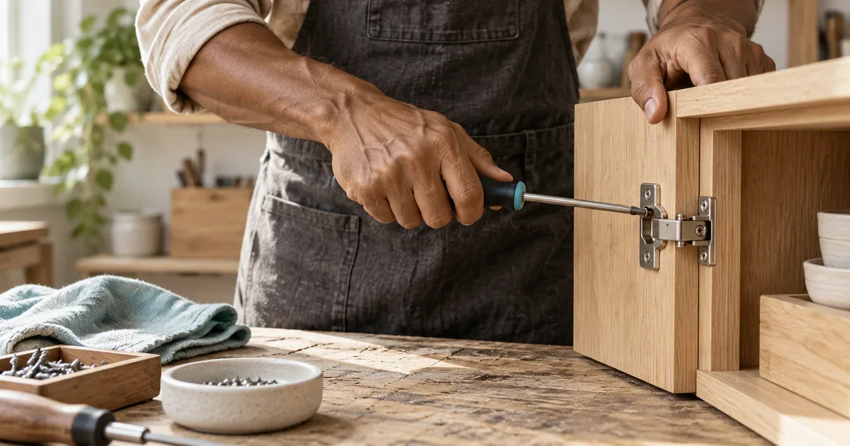 Experienced hands tightening a cabinet hinge with a manual screwdriver.
