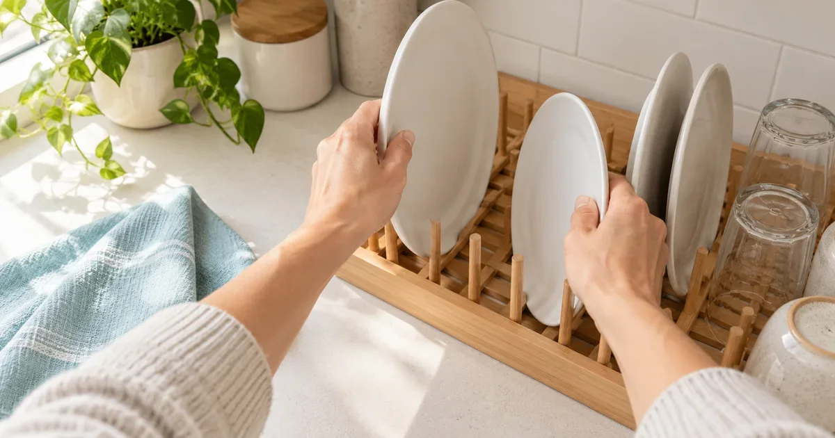 First-person view of two hands placing white plates in a wooden dish rack.