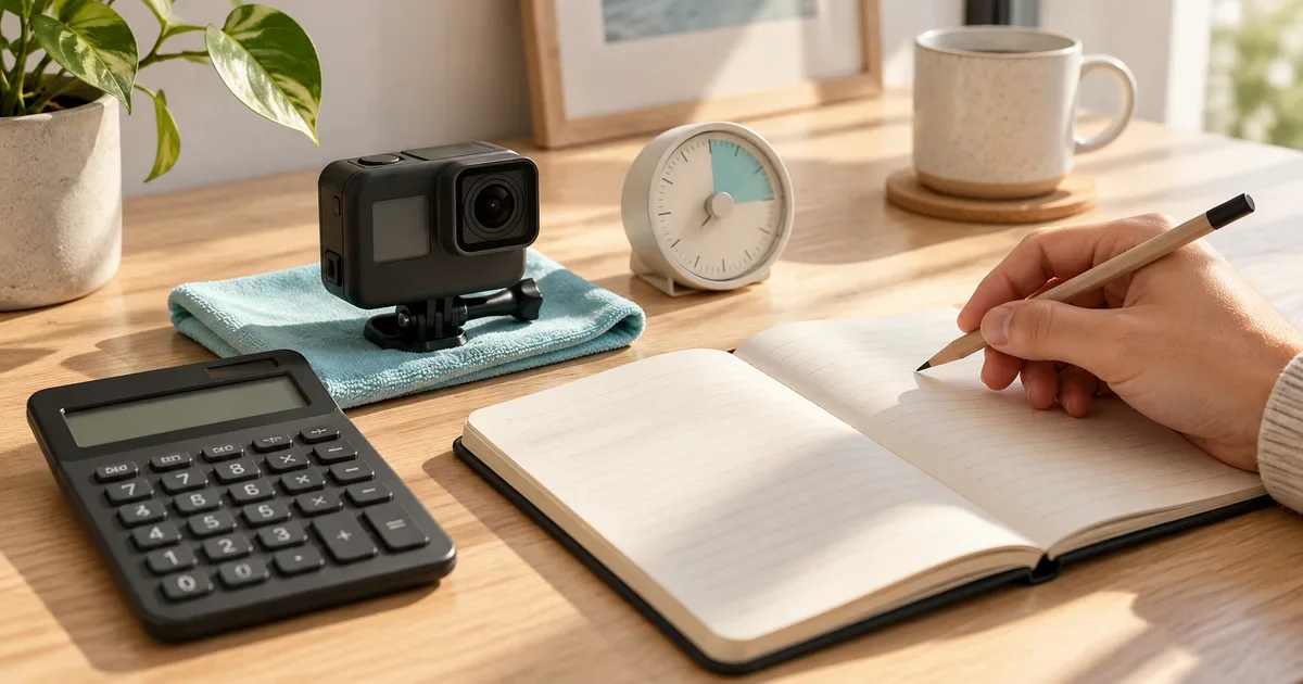 A camera, timer, calculator and notebook arranged for tracking recording time.