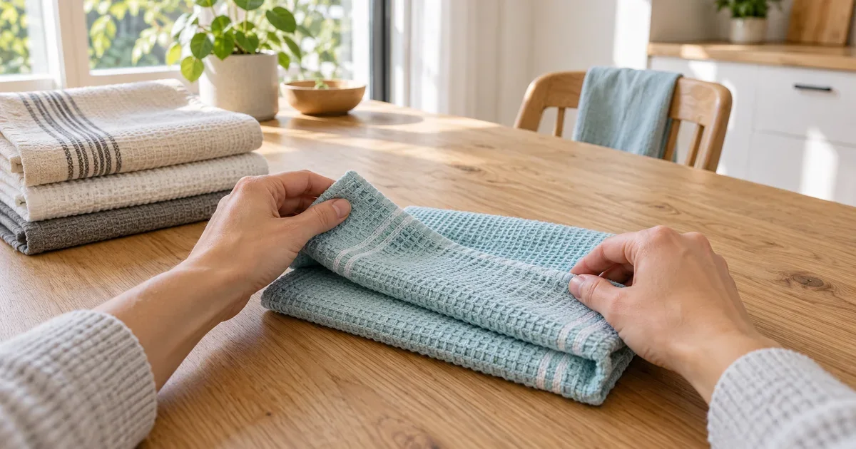 First-person view of hands folding a pale blue towel on a wooden table.