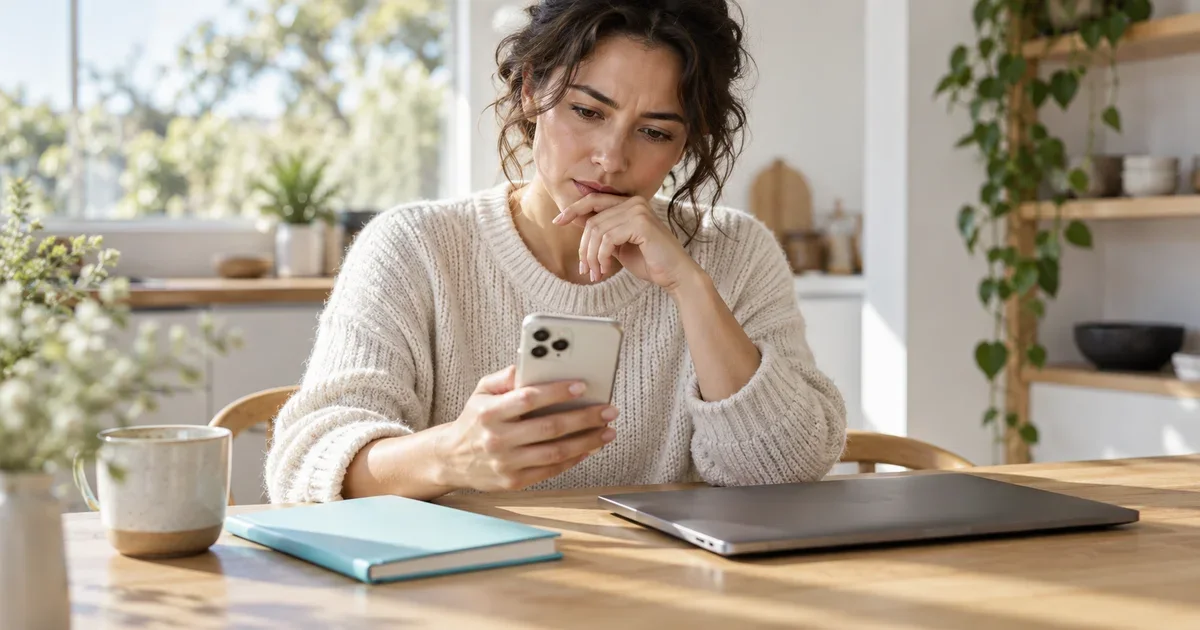 An adult checking a phone beside a closed laptop and blue notebook.