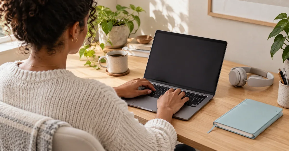An adult working at a laptop beside headphones and a pale blue notebook.