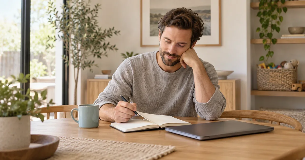 A father planning work at a dining table in a quiet family home.