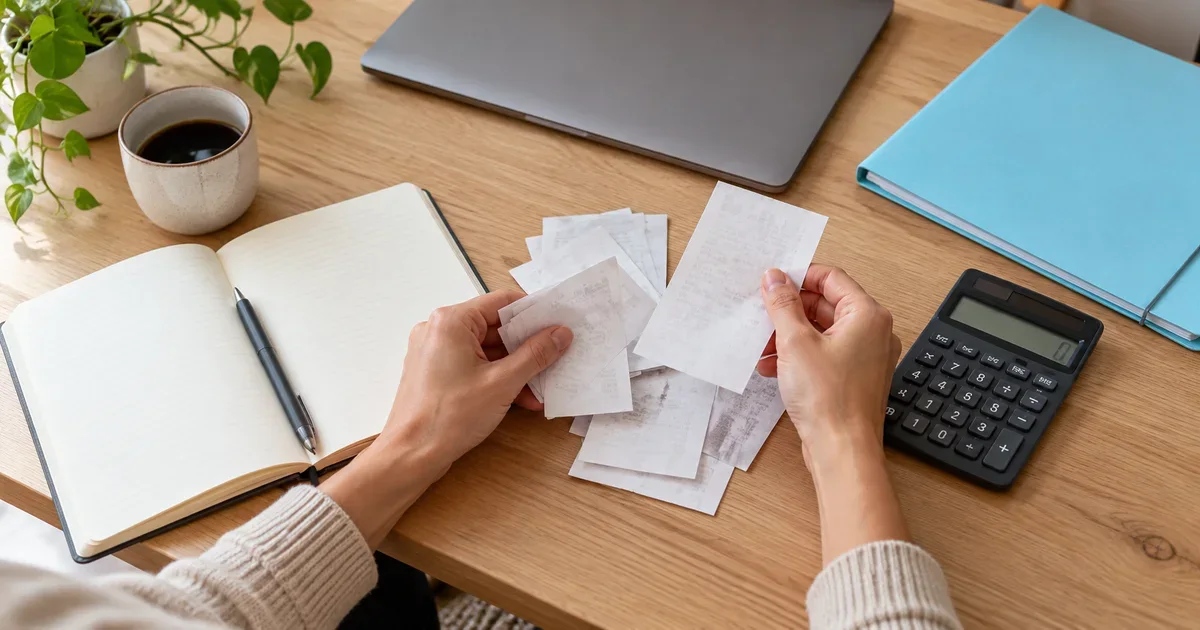 Hands organizing receipts beside a notebook, calculator and blue folder.