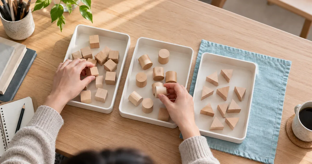 Hands sorting wooden shapes into trays on a light wooden work surface.