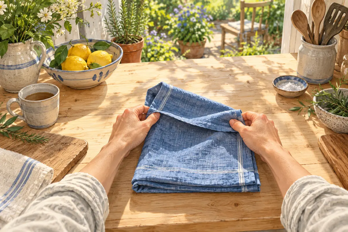 First-person painted view of hands folding a cloth on a sunlit kitchen worktop.