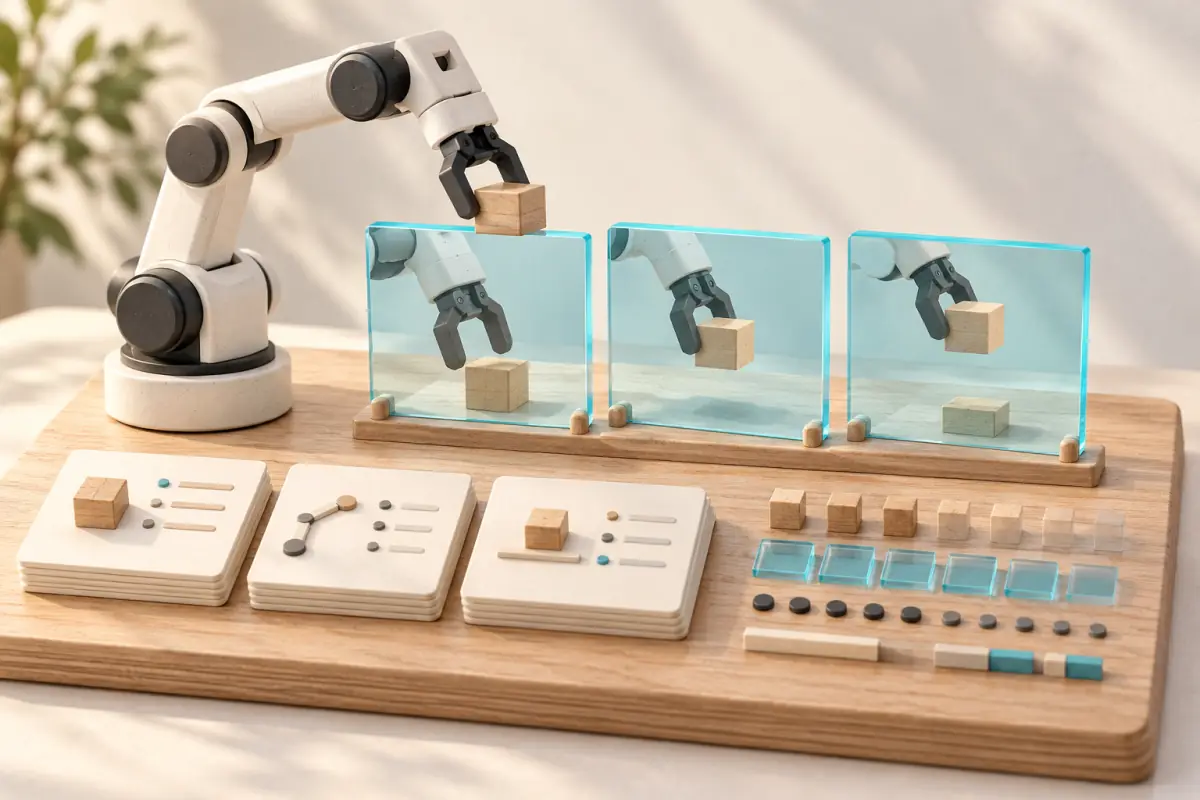 A robot arm beside sequential task frames and structured episode records.