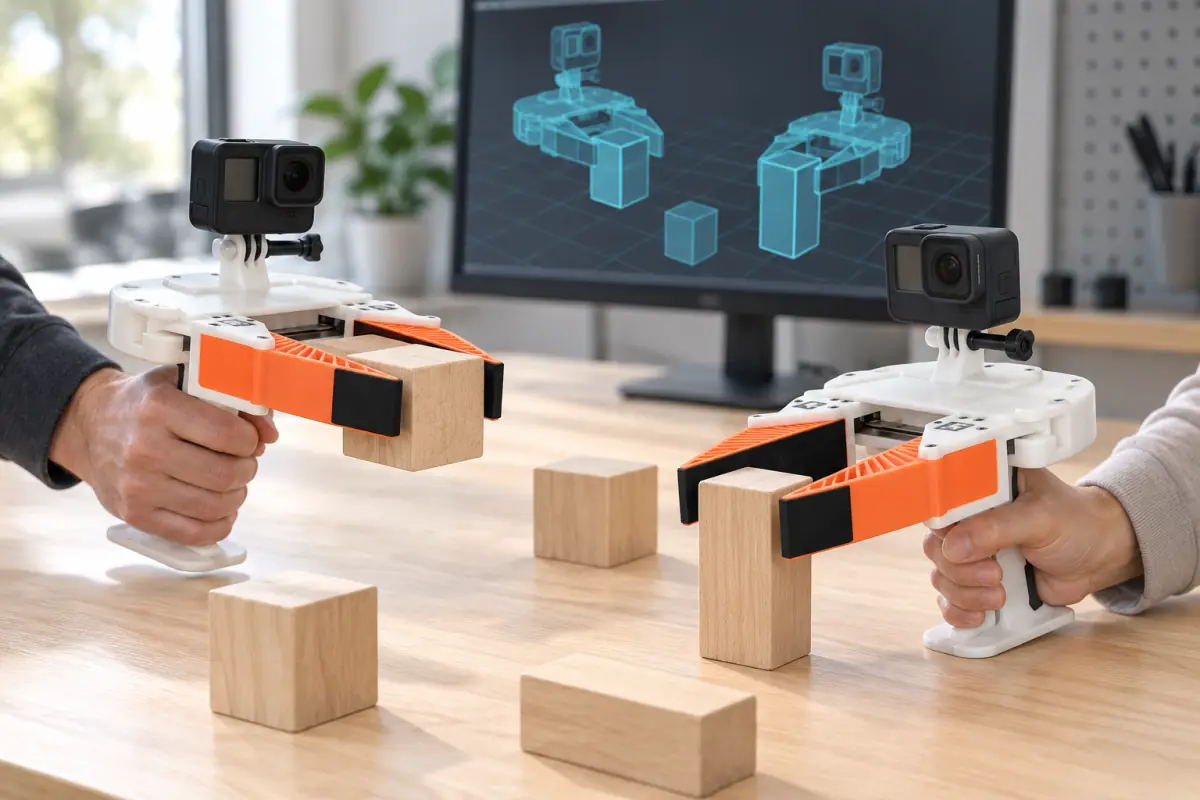 Hands holding white UMI grippers with orange parallel jaws and mounted cameras, beside a simulated block task.