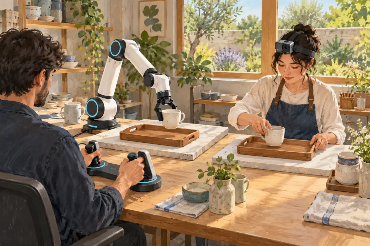 An operator controls a robot arm while another person demonstrates the same task with a head-mounted camera.