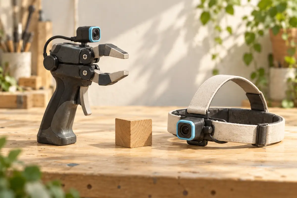 A handheld camera-equipped gripper and a head-mounted camera on a wooden workbench.